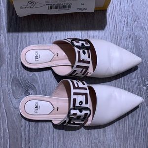 Fendi Zucca Logo Buckle Leather Mules
